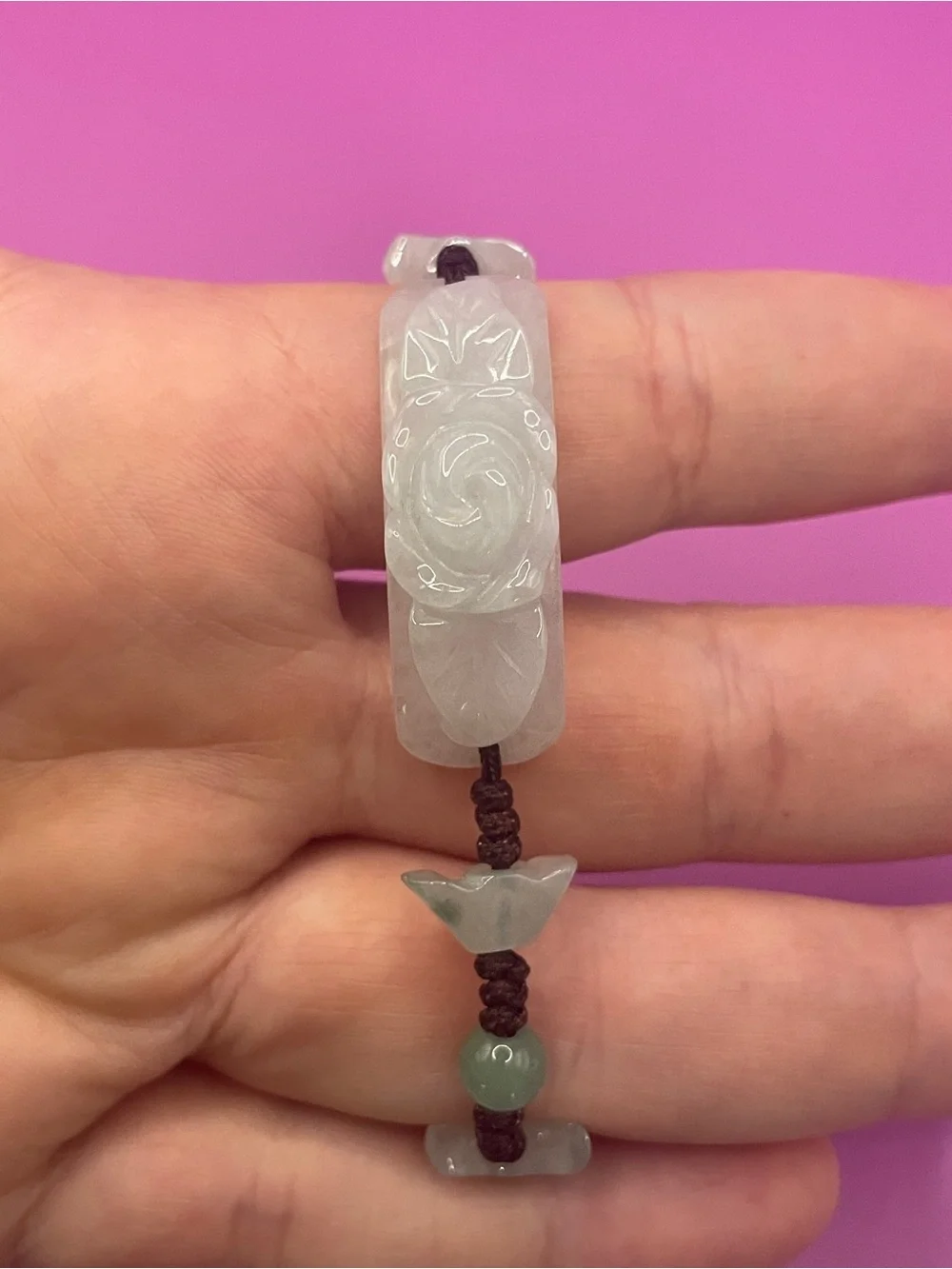Hand-Carved Light Green Jade Rose Pendant Bracelet